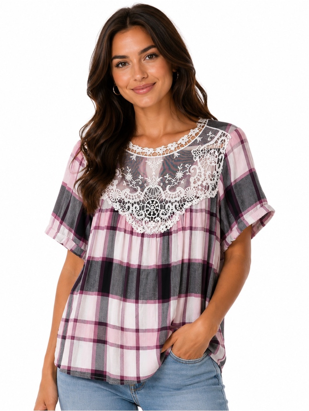 Torrid Black and White Lace Plaid Top